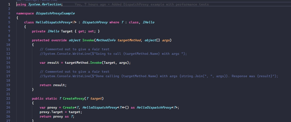 A screenshot of an IDE showing C# code for using DispatchProxy in C#
