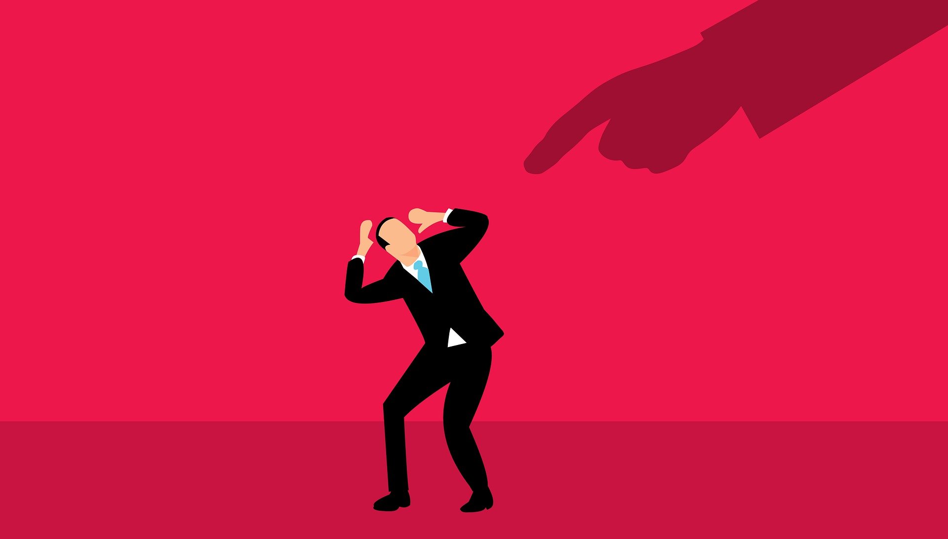 A picture of a person in a suit in distress being pointed at by a large shadow of a hand on a red background
